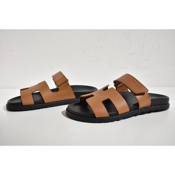 Hermes Chypre Sandal Natural Brown Leather Black Strap Slide Slip On Flat 39.5 - Picture 10 of 12